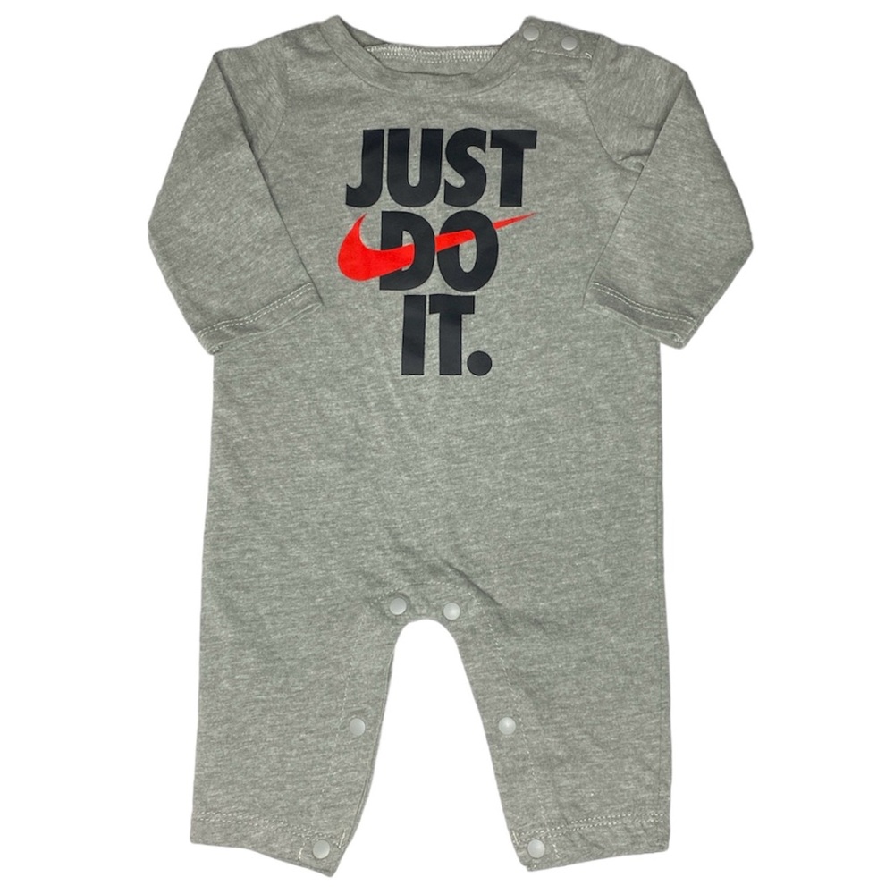 Nike “Just Do It” Graphic Grey Long Sleeve Footless Romper Size 3M